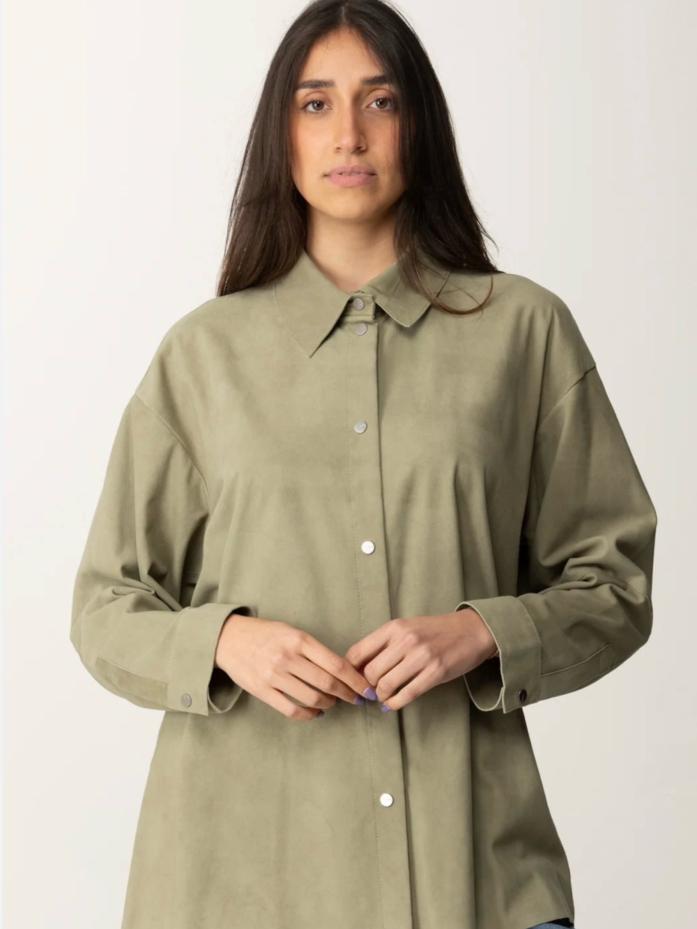 Pinko - Olive Green Button-Front Oversized Suede Shirt Jacket